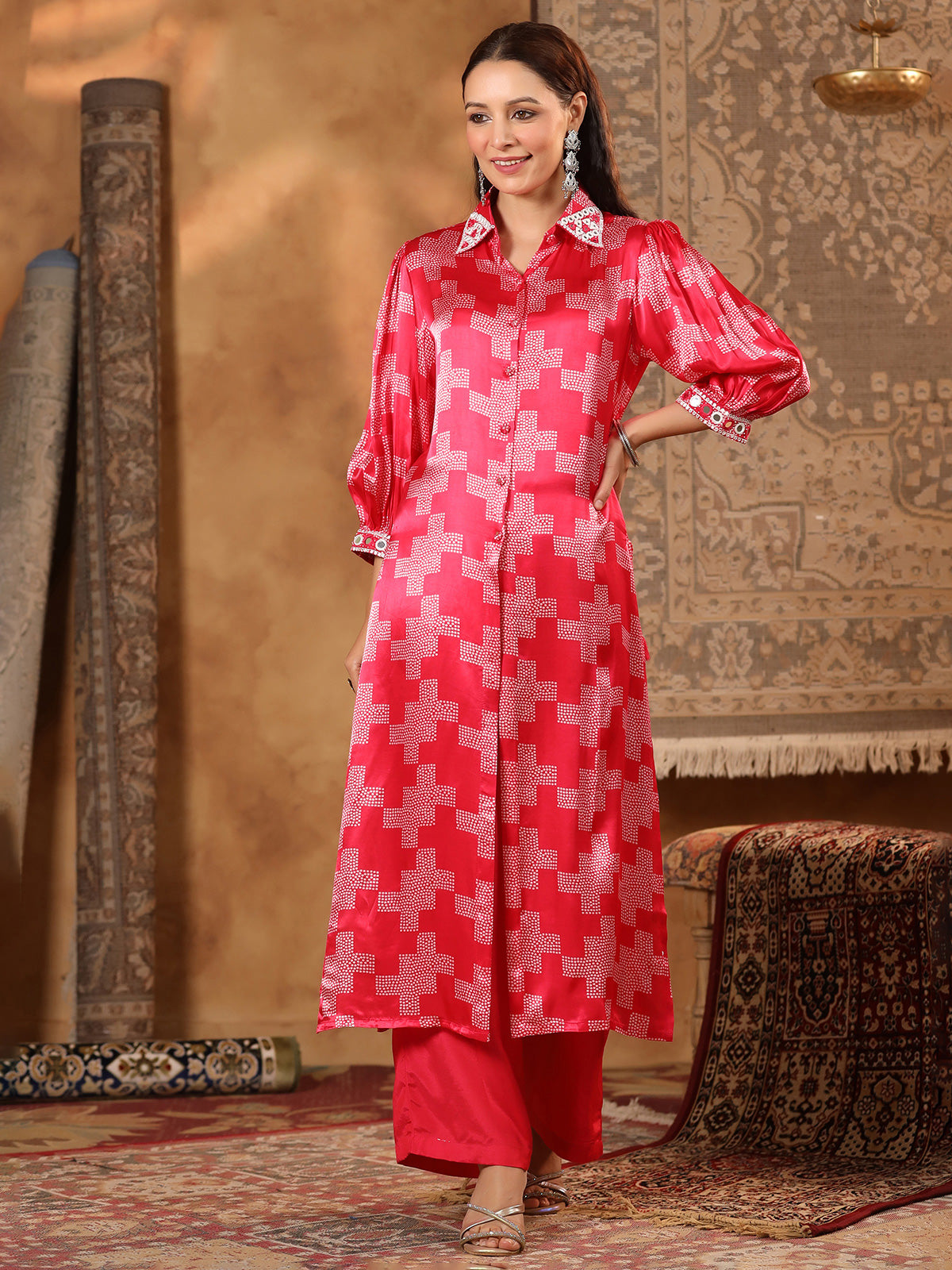 Red printed satin silk kurti set