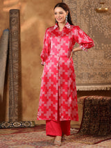 Red printed satin silk kurti set