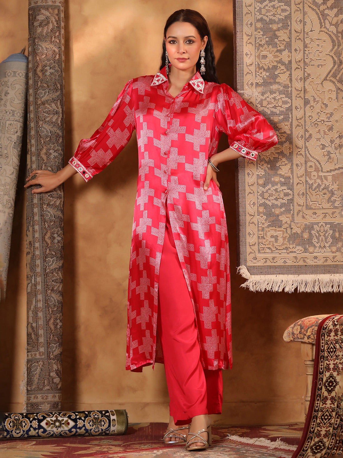 Red printed satin silk kurti set