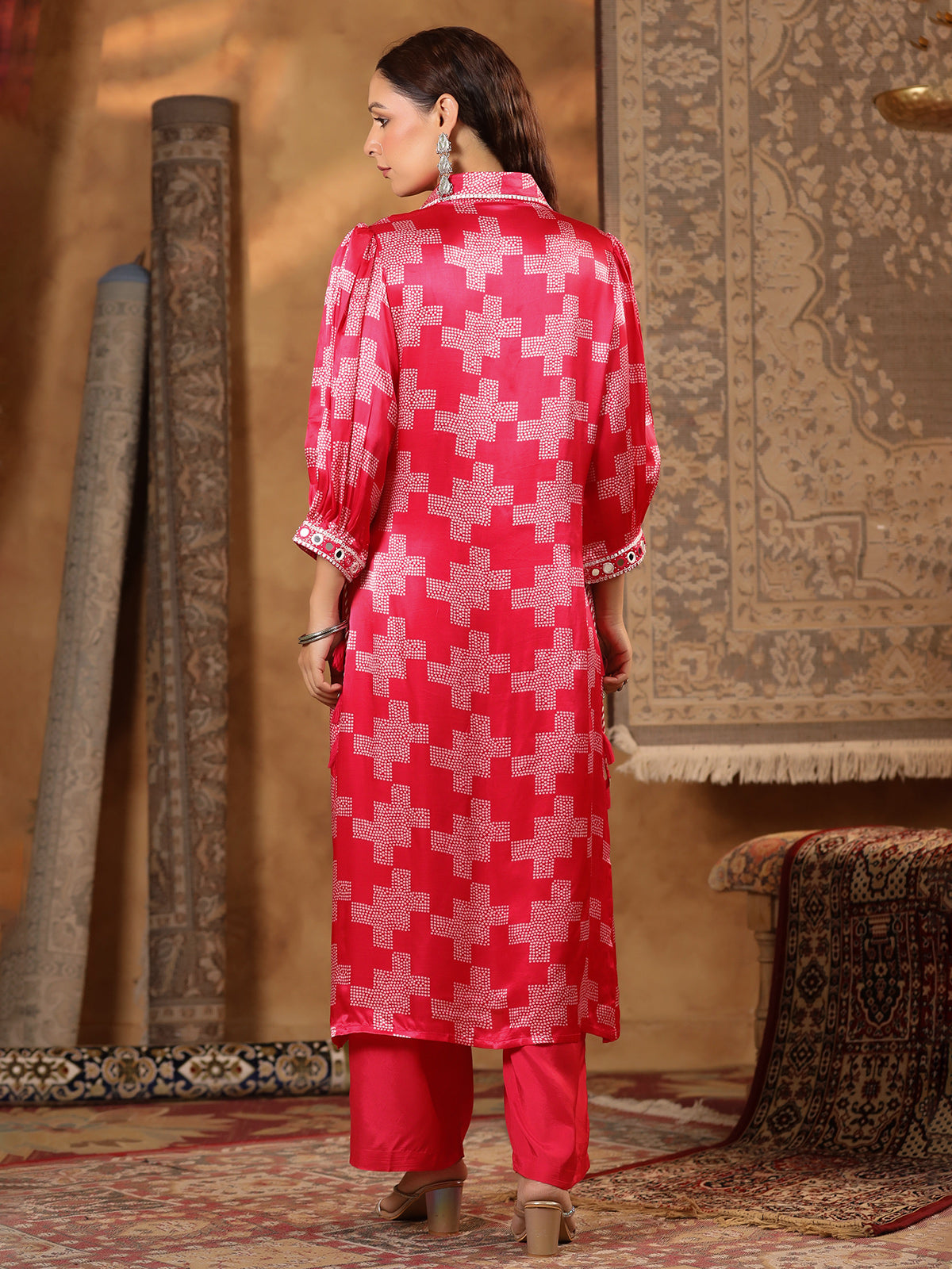 Red printed satin silk kurti set