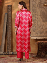 Red printed satin silk kurti set