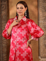 Red printed satin silk kurti set
