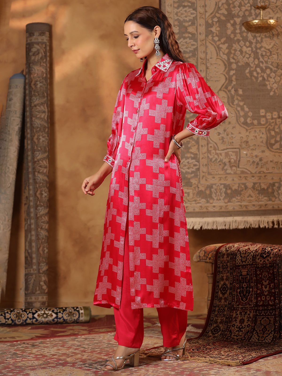 Red printed satin silk kurti set