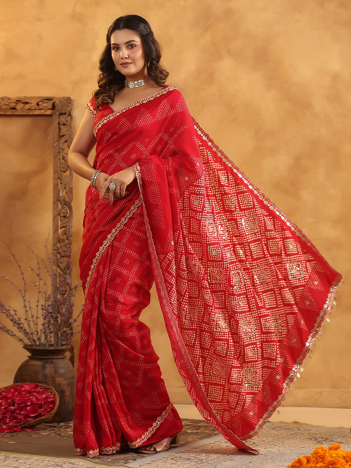 Red printed silk saree for festive wear
