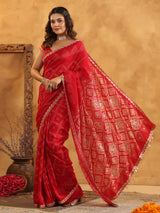 Red printed silk saree for festive wear