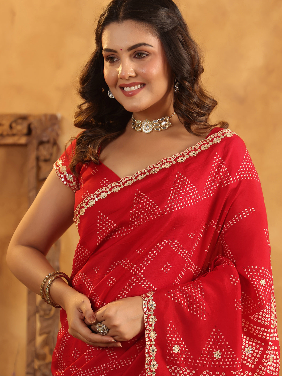 Red printed silk saree for festive wear