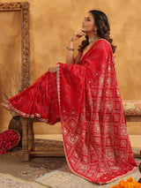 Red printed silk saree for festive wear