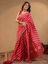 Red printed silk saree with gota work