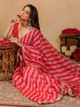 Red printed silk saree with gota work
