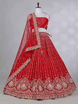 Red raw silk bridal lehenga choli with resham detailing