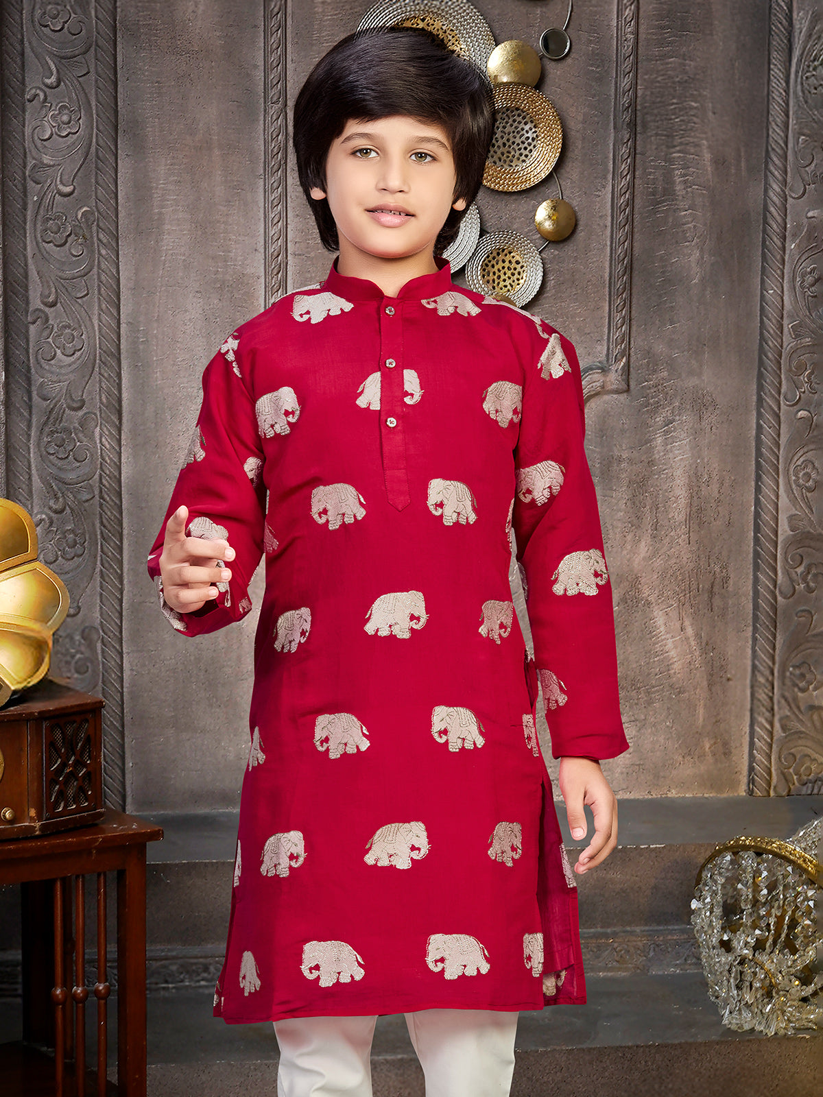 Red silk boys kurta suit for festive celebration