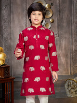 Red silk boys kurta suit for festive celebration