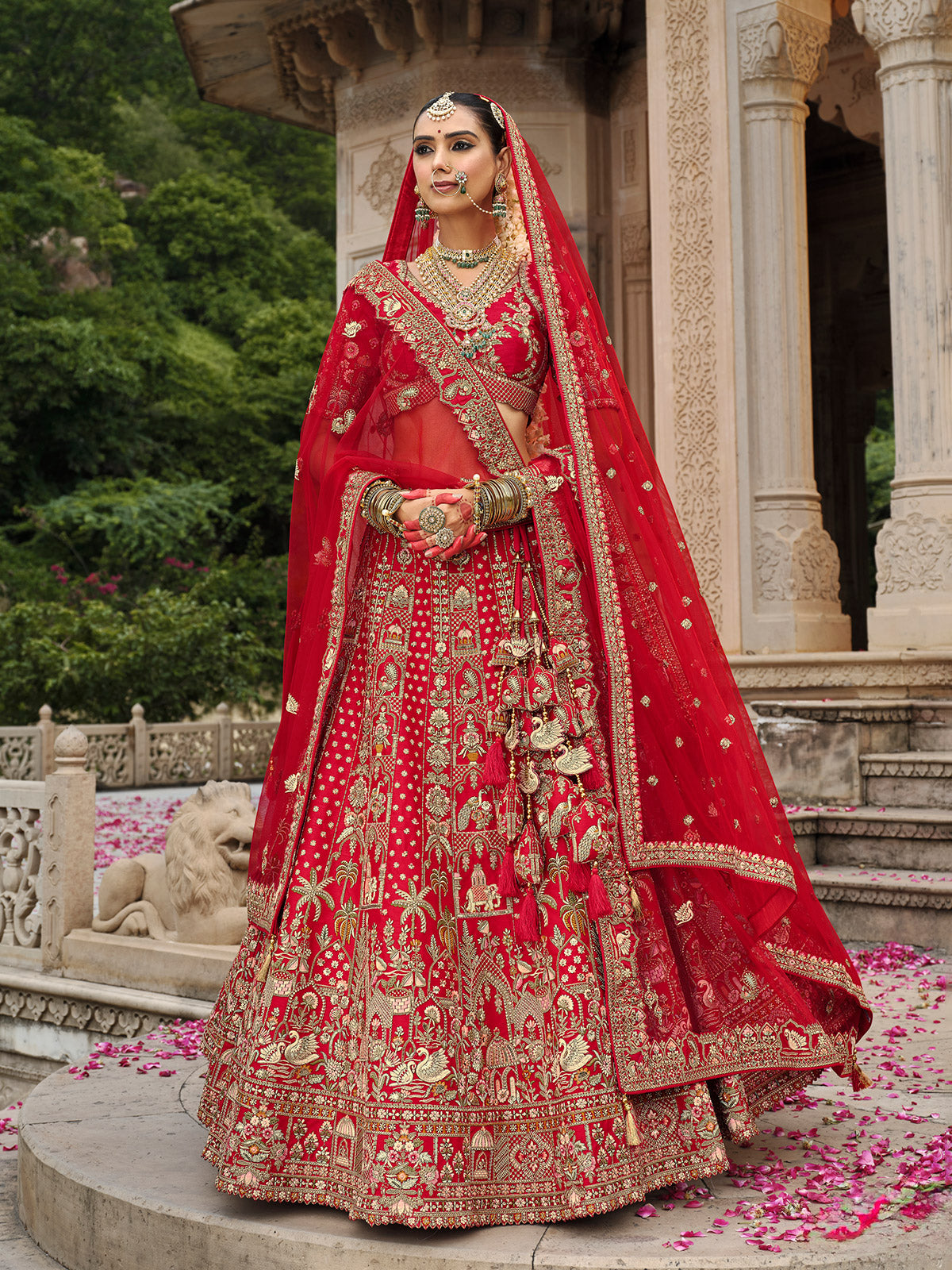 Red silk bridal lehenga choli with sequina and resham shine