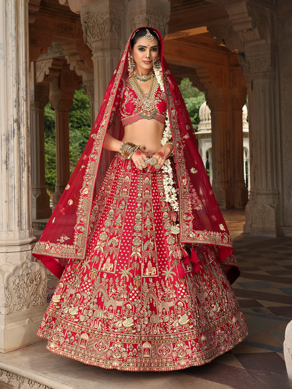Red silk bridal lehenga choli with sequina and resham shine