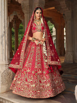 Red silk bridal lehenga choli with sequina and resham shine