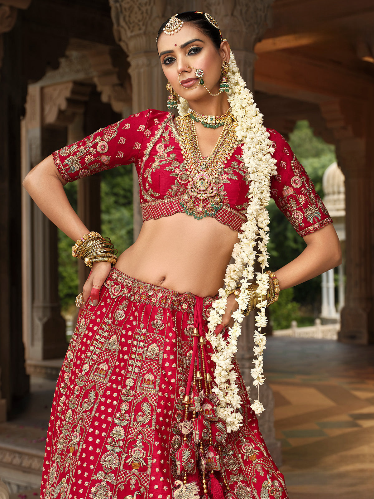 Red silk bridal lehenga choli with sequina and resham shine