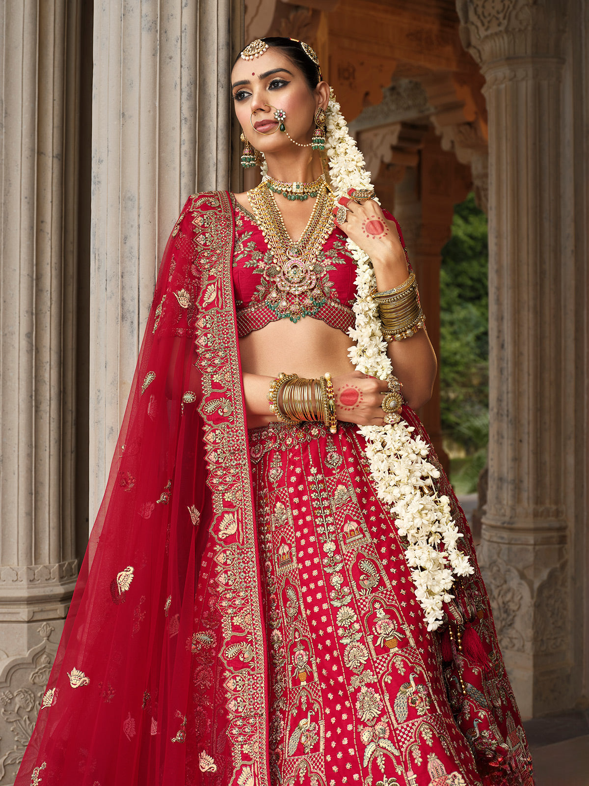 Red silk bridal lehenga choli with sequina and resham shine