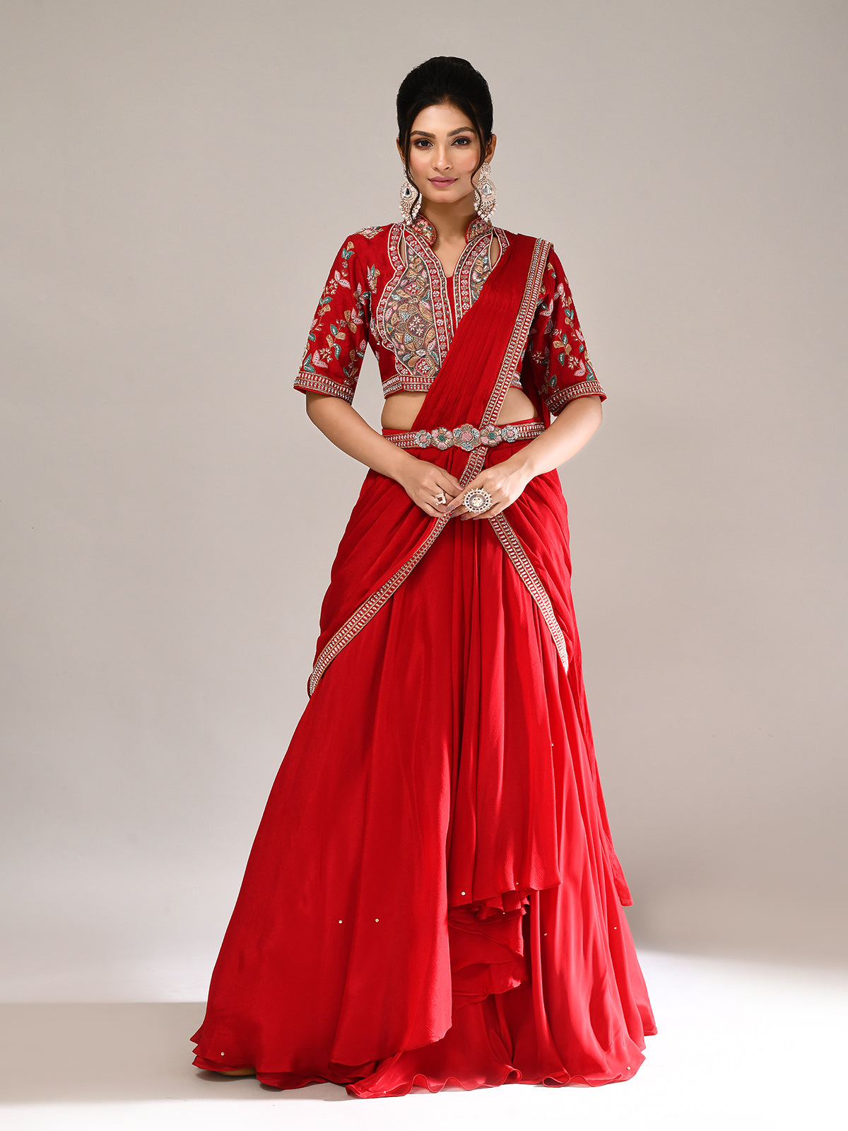 Red silk designer lehenga choli with attached dupatta