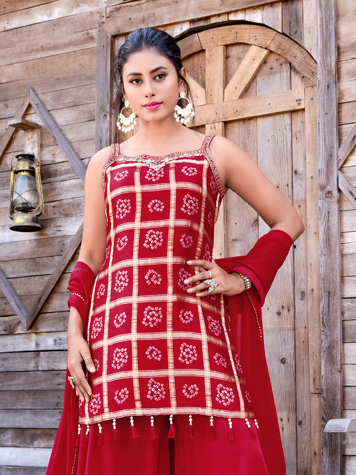 Red silk printed wedding wear palazzo suit