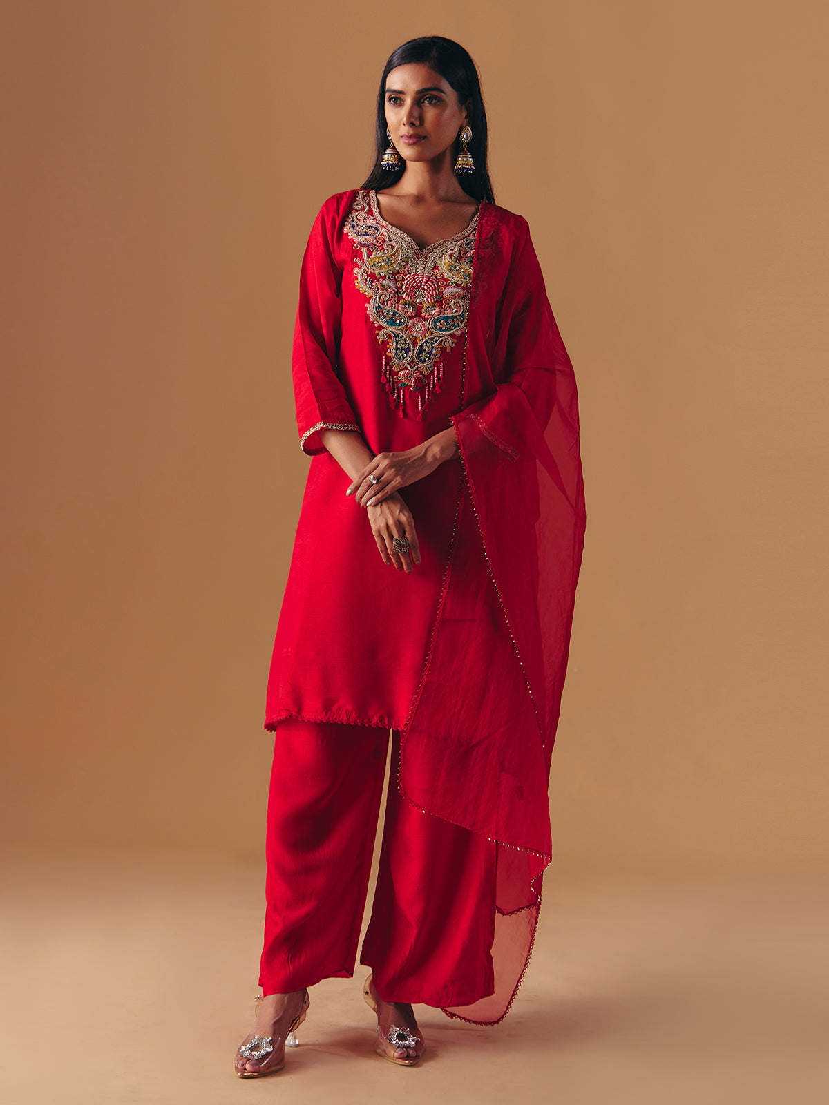 Red silk sweetheart neck palazzo suit