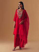 Red silk sweetheart neck palazzo suit