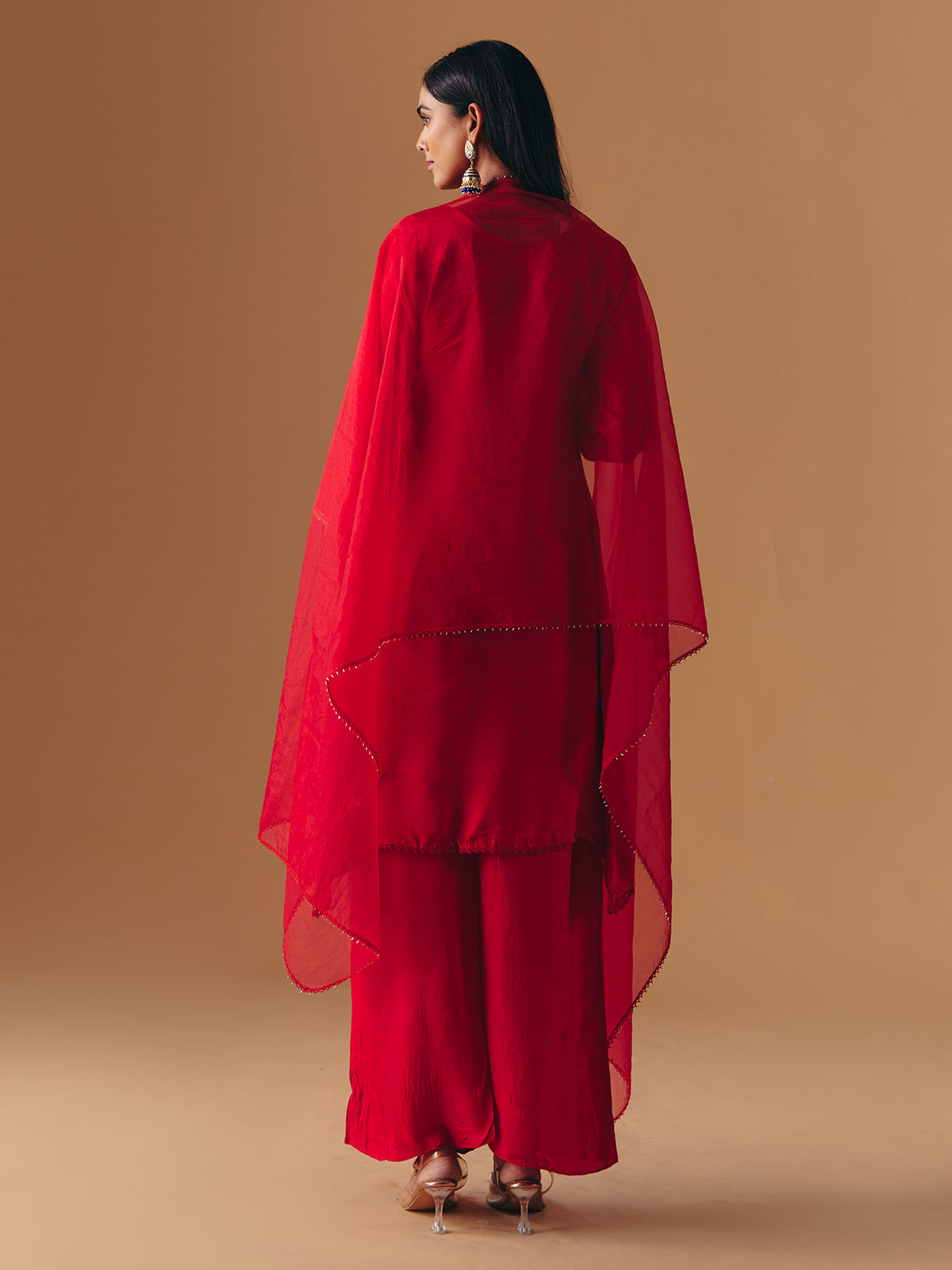 Red silk sweetheart neck palazzo suit