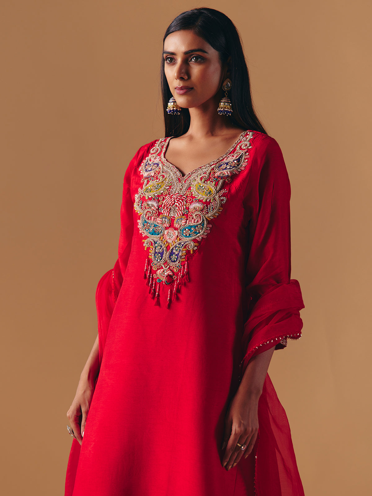 Red silk sweetheart neck palazzo suit