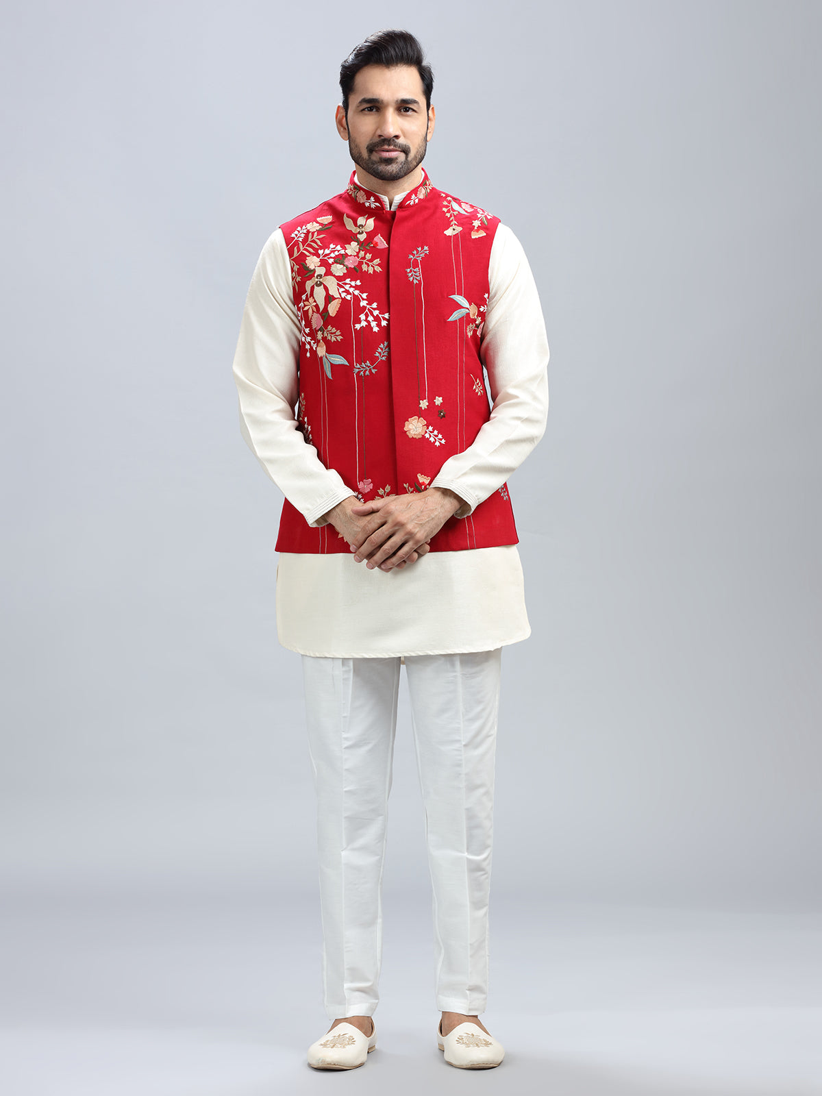 Red silk wedding style waistcoat set for men
