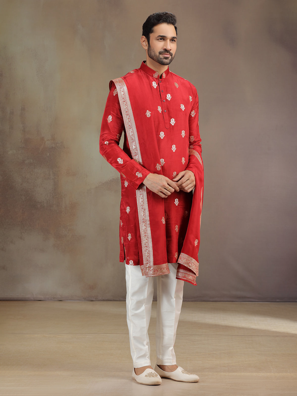 Red wedding wear silk kurta pajama with dupatta