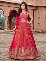 Red wedding wear silk lehenga choli with zari glow