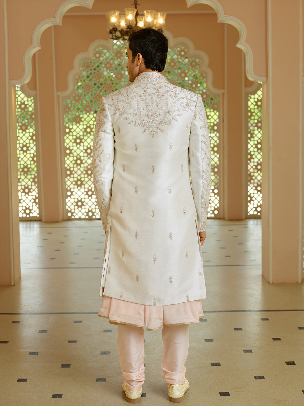 Rich cream silk groom sherwani