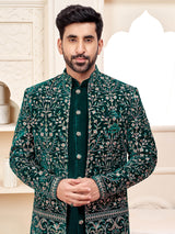 Rich dark green indowestern for wedding grandeur