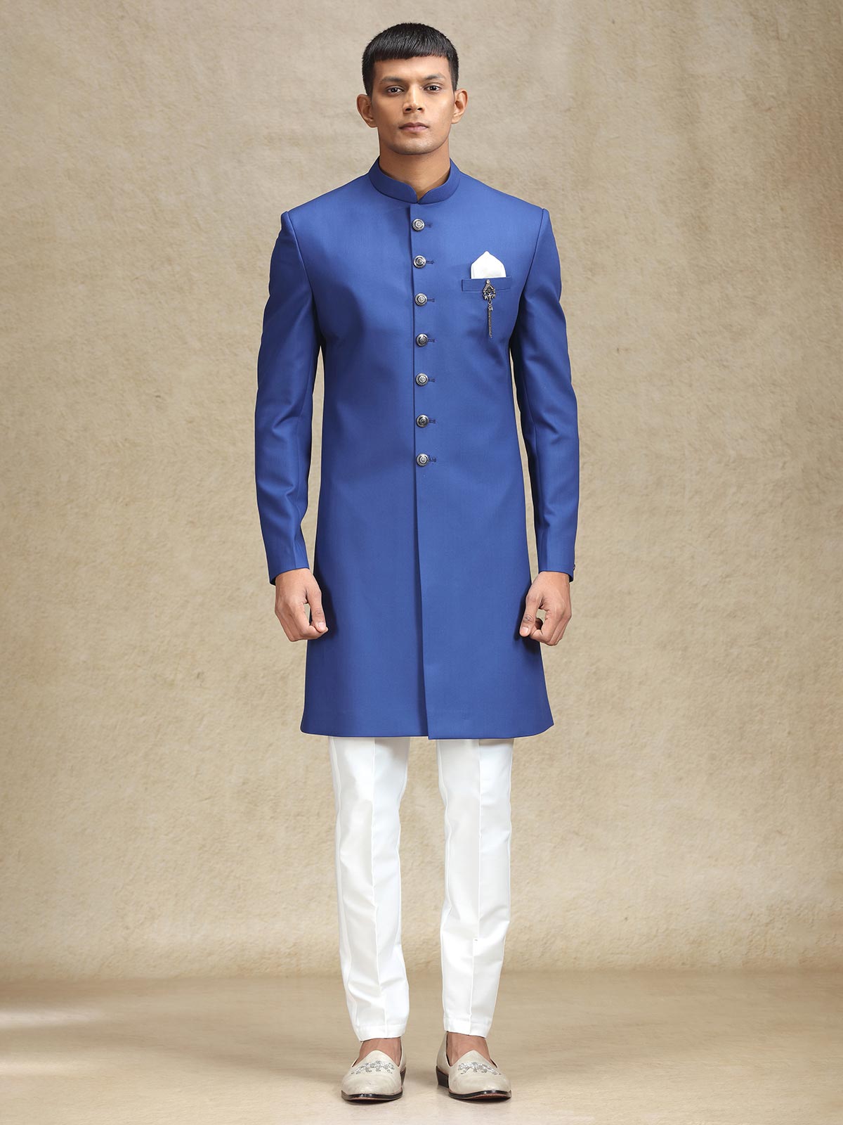 Royal blue indo western in terry rayon for men