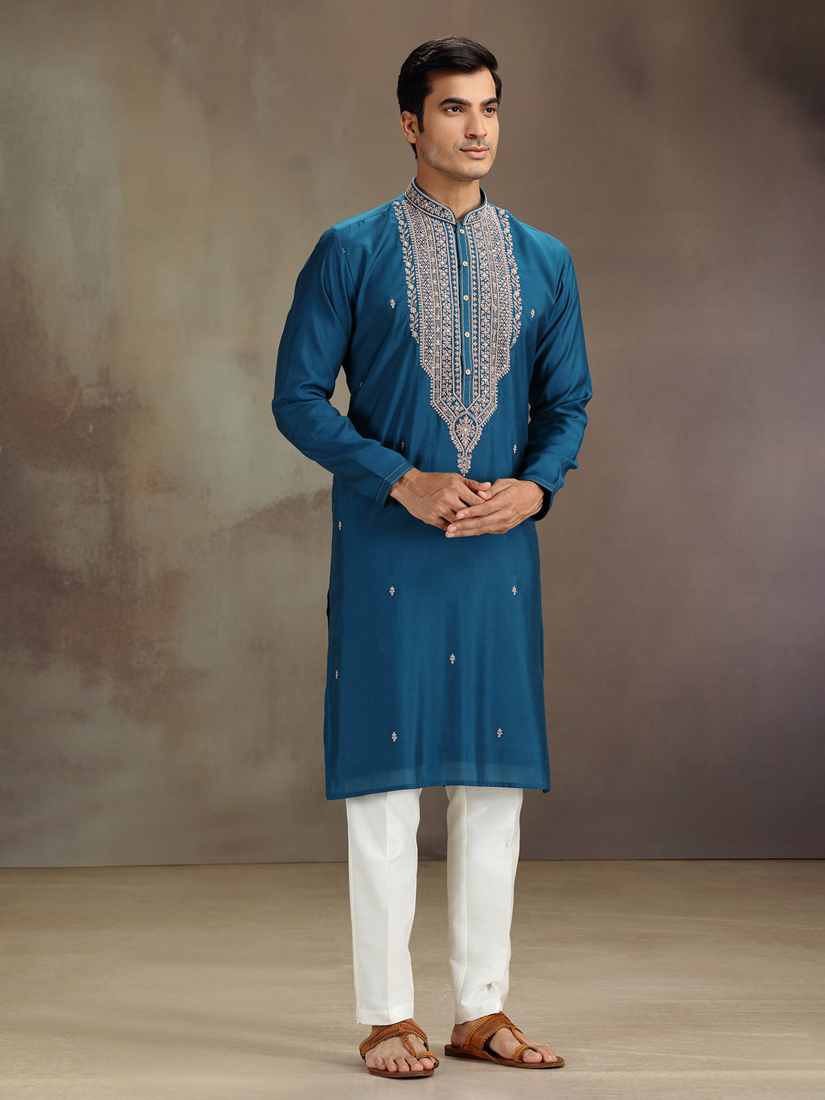 Royal blue silk sequined and beaded kurta suit