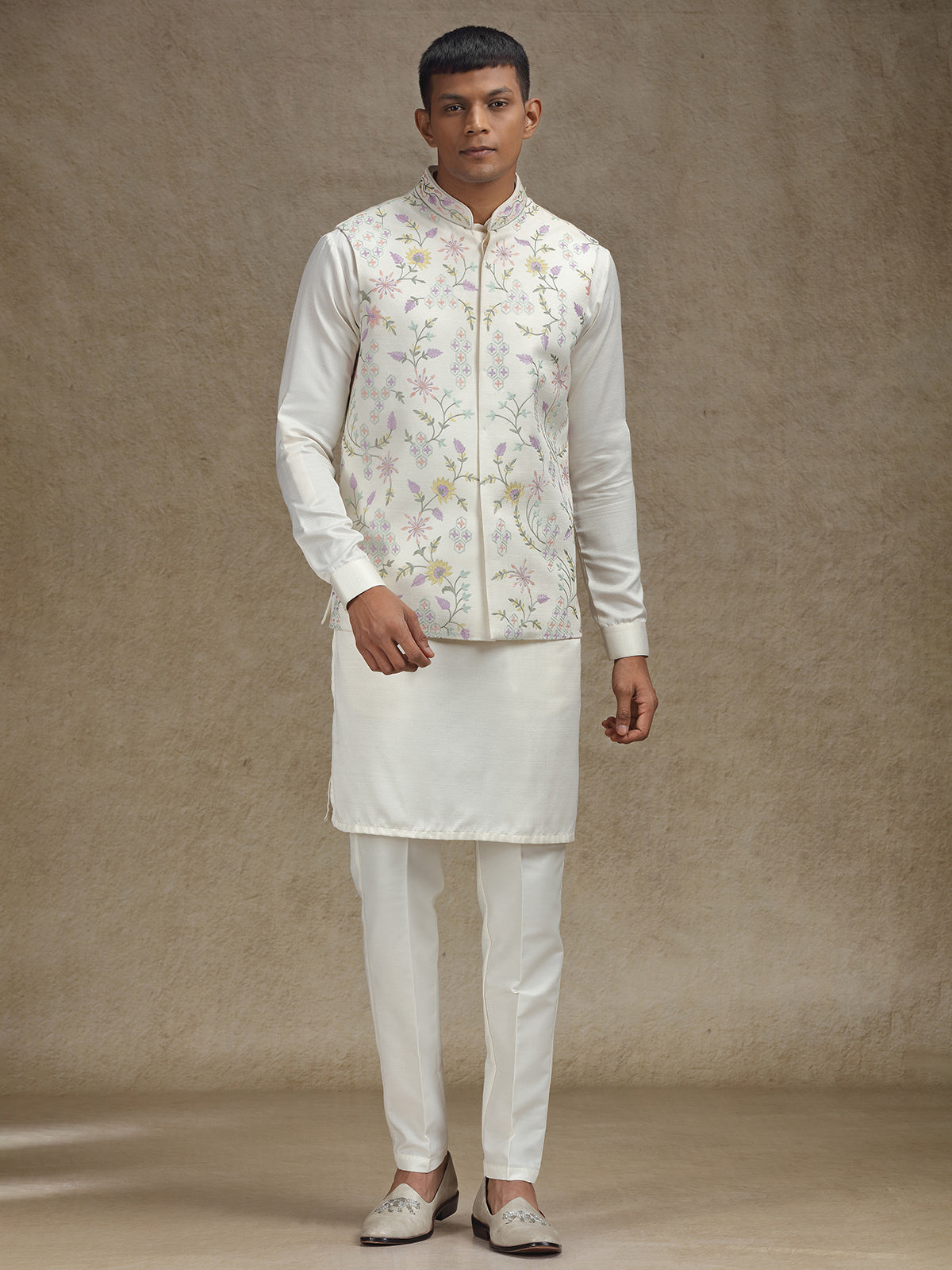 Cream waistcoat set with intricate embroidery