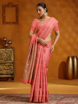 Salmon peach wedding wear silk saree