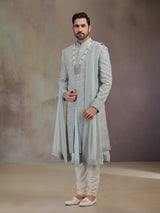Sea green silk groom sherwani with dupatta