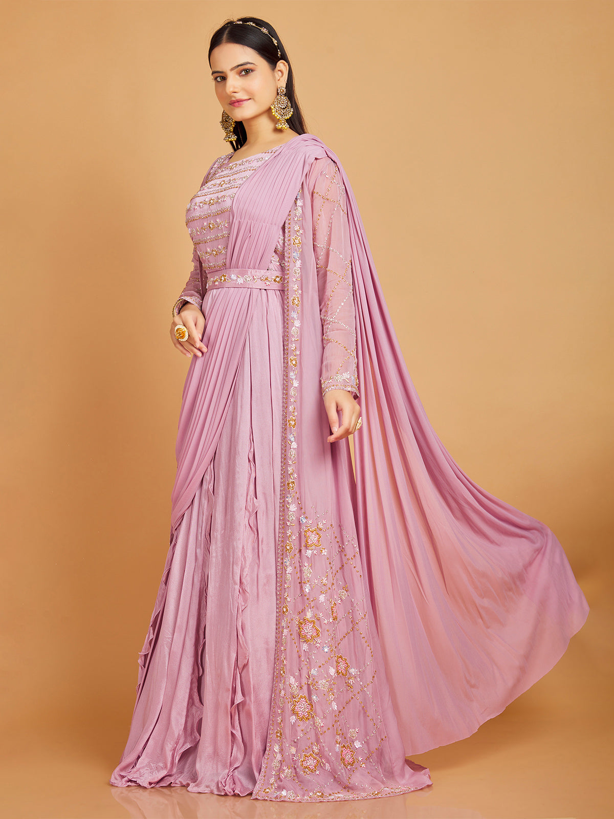 Silk mauve pink floor length suit with shrug