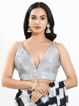 Silver sequins V neck partywear blouse