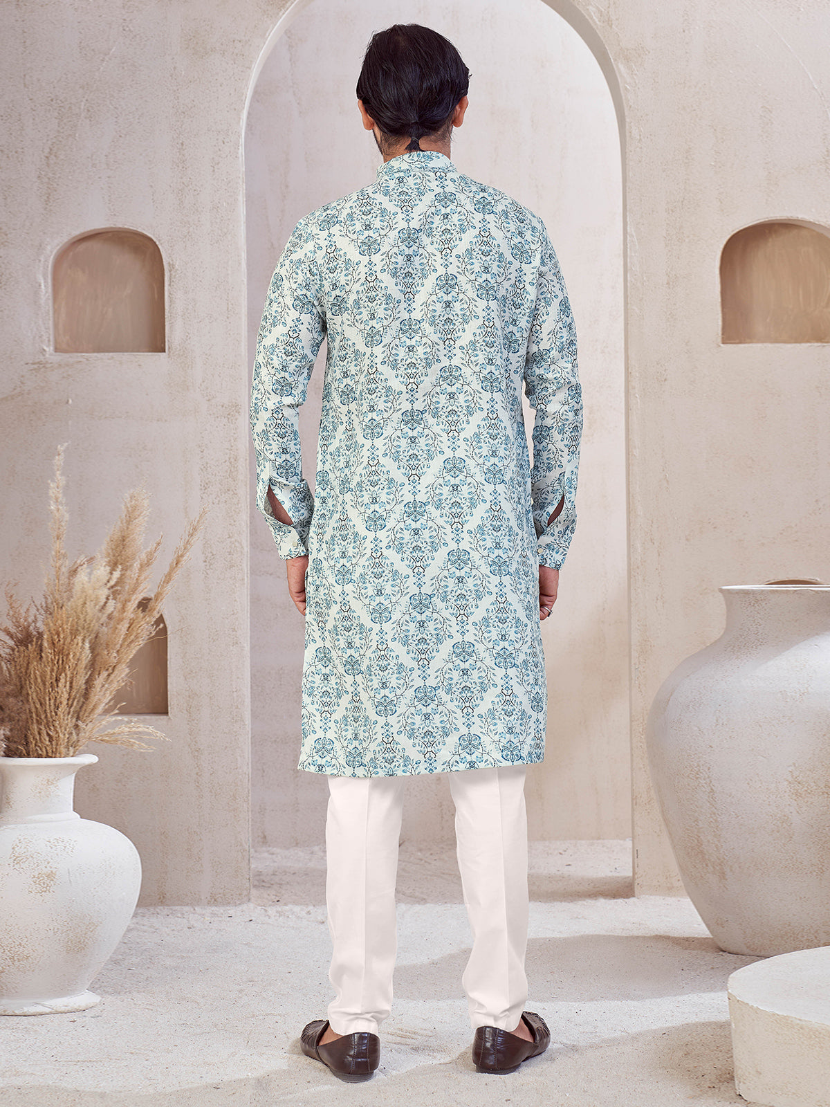 Sky blue cotton printed kurta suit for men