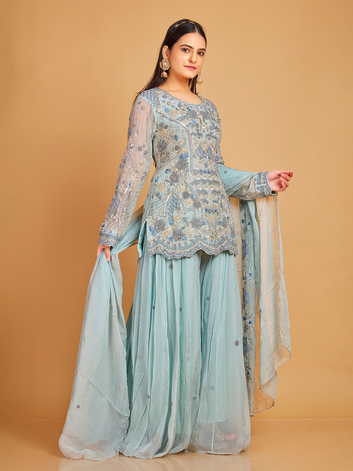 Sky blue georgette palazzo suit with dupatta