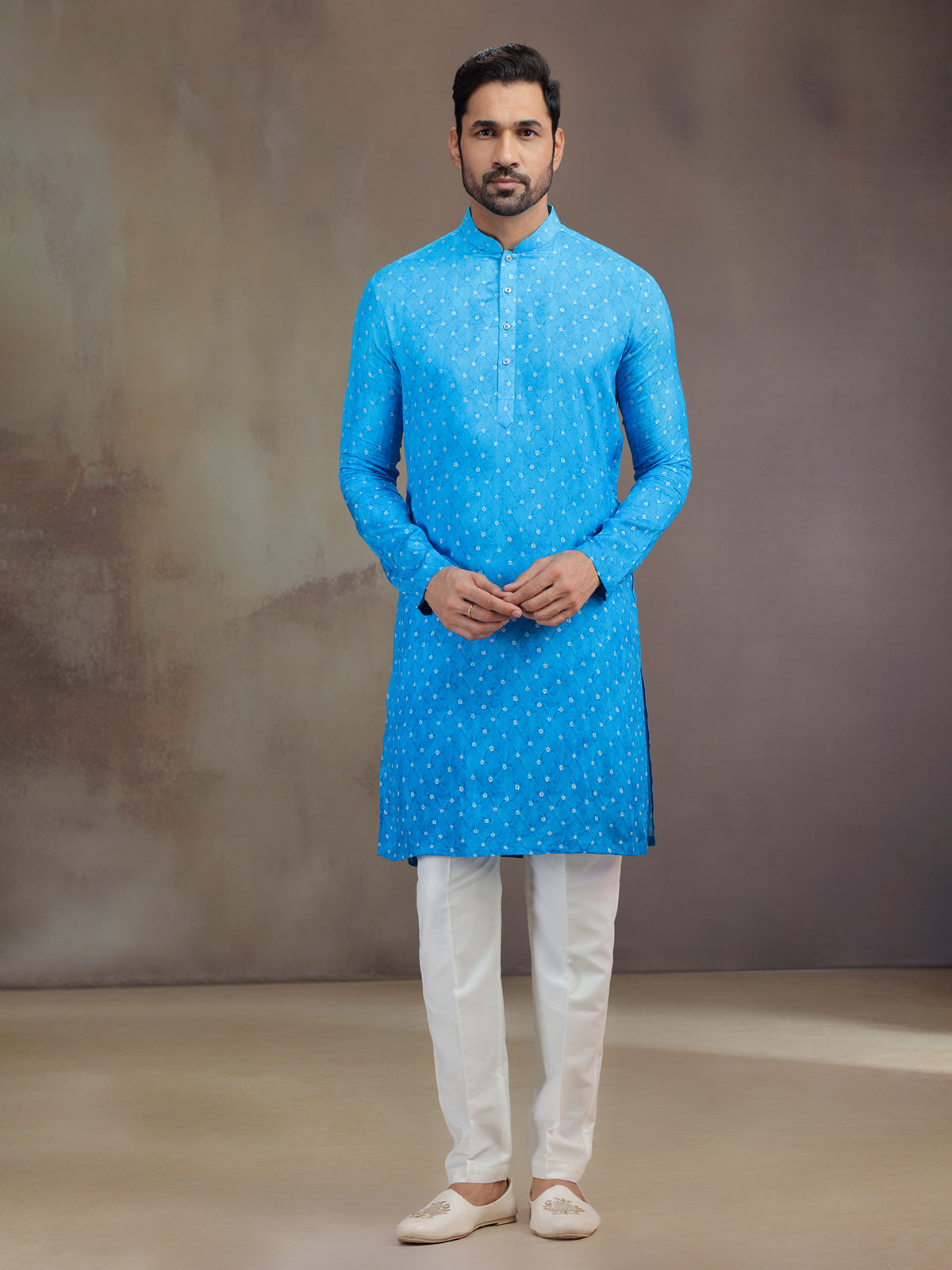 Sky Blue printed silk men kurta pajama