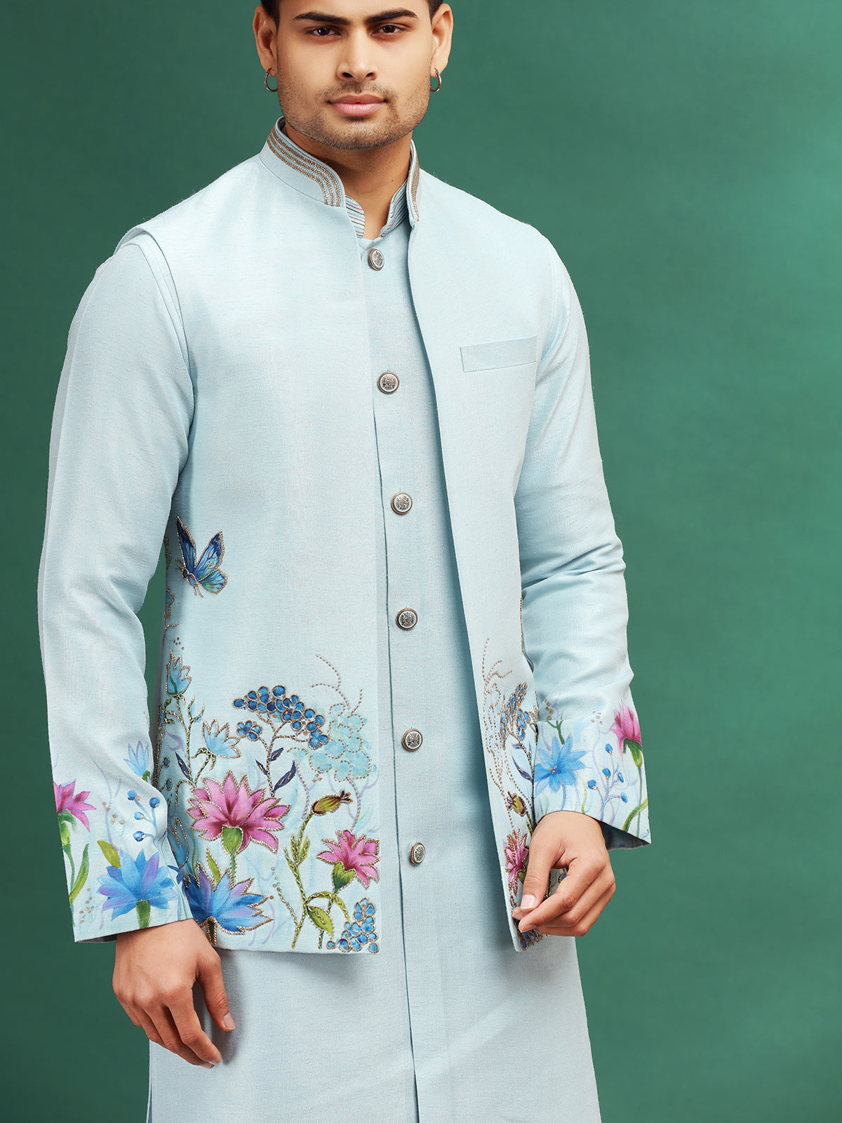 Sky blue printed waistcoat set for wedding celebration