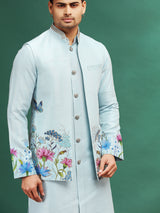 Sky blue printed waistcoat set for wedding celebration
