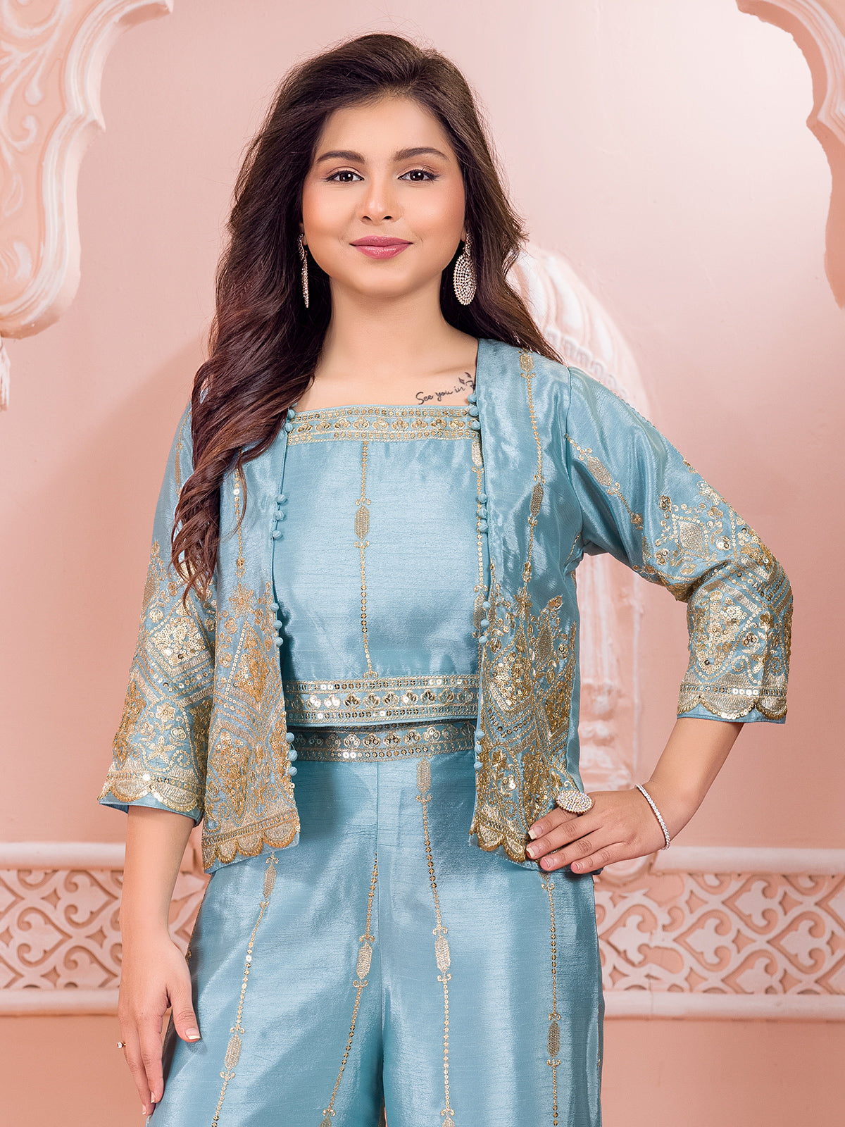 Sky blue silk pakistani jacket style palazzo suit