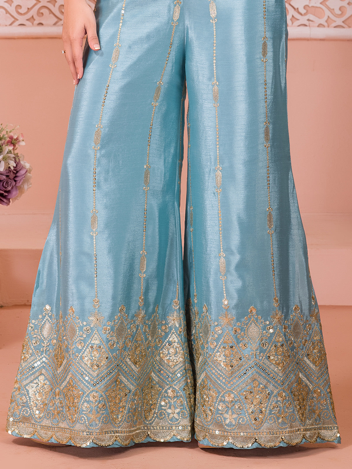 Sky blue silk pakistani jacket style palazzo suit
