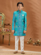 Sky blue zari printed silk boys indo western outfit