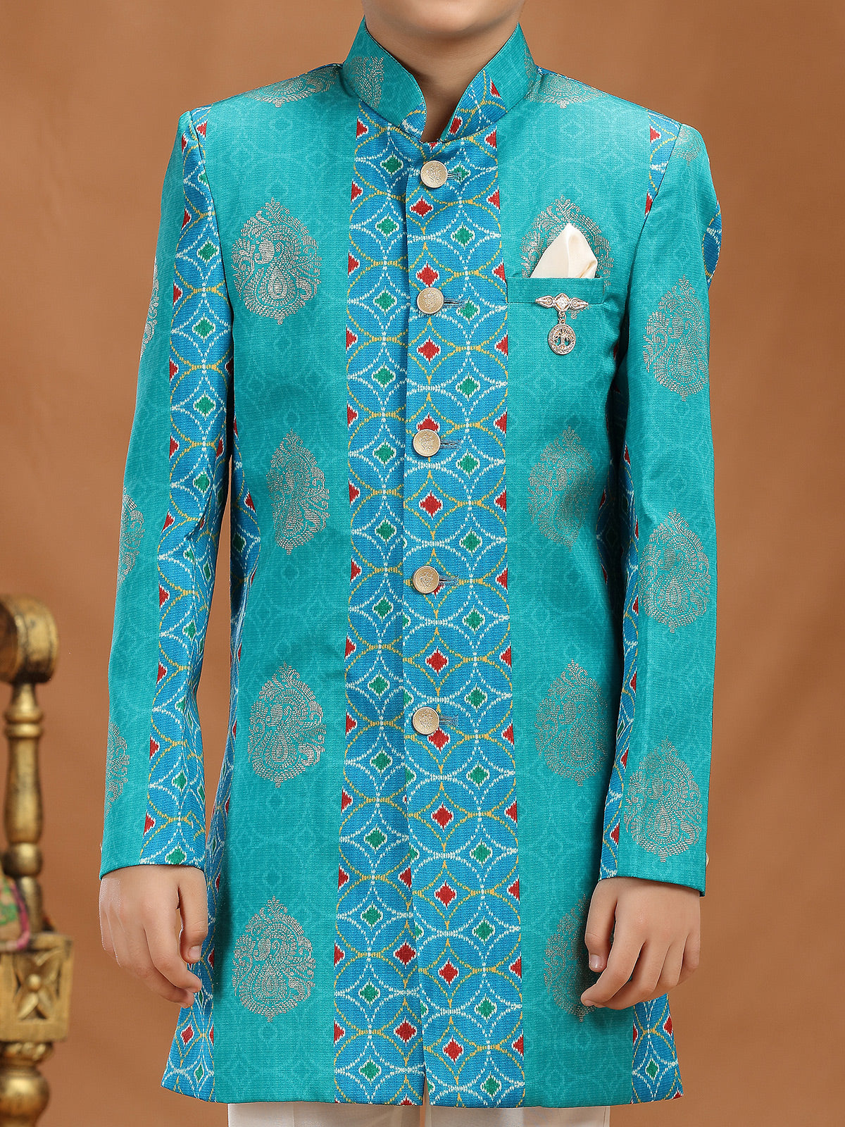 Sky blue zari printed silk boys indo western outfit