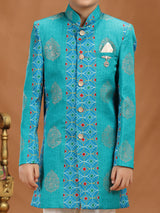 Sky blue zari printed silk boys indo western outfit