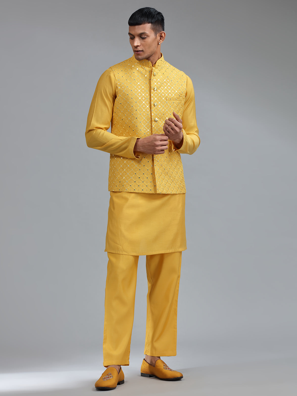 Smashing mustard yellow silk wedding waistcost set